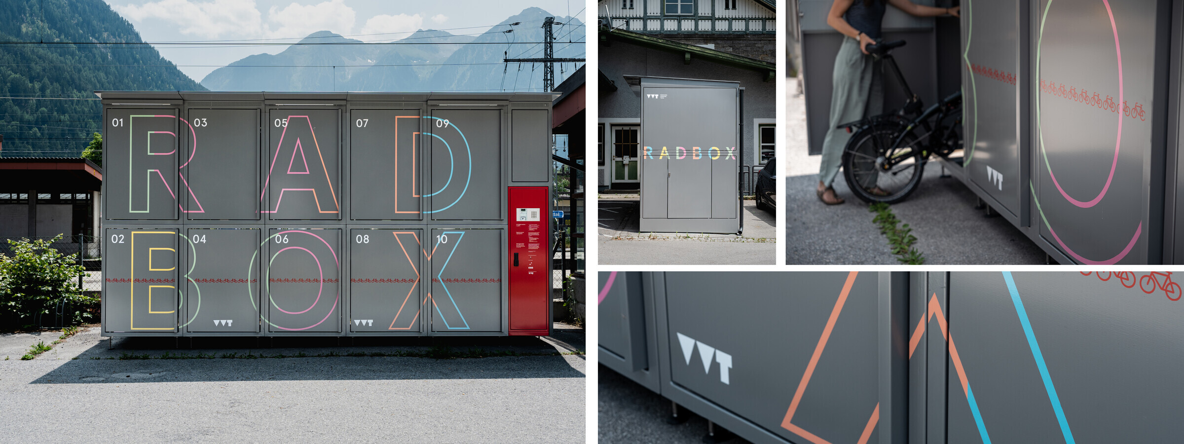 Eine Collage von Radboxen des Verkehrsverbunds Tirol im Ötztal. Die grauen Boxen sind mit farbigen Linien und Buchstaben verziert, während ein weiteres Bild zeigt, wie eine Person ein Fahrrad in die Box schiebt.