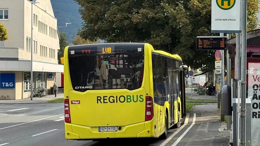 Am Bild ist ein gelber Bus von hinten zu stehen.